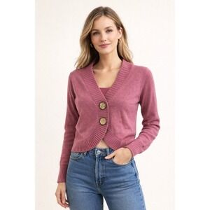 Twiggy Pink Cropped Cardigan Sweater Cotton Lambswool Ribbed Shawl Neck Small